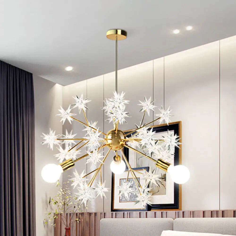 Gold Modern Exposed Bulb Bedroom 3 - Head Ceiling Mount Chandelier With Star Decor