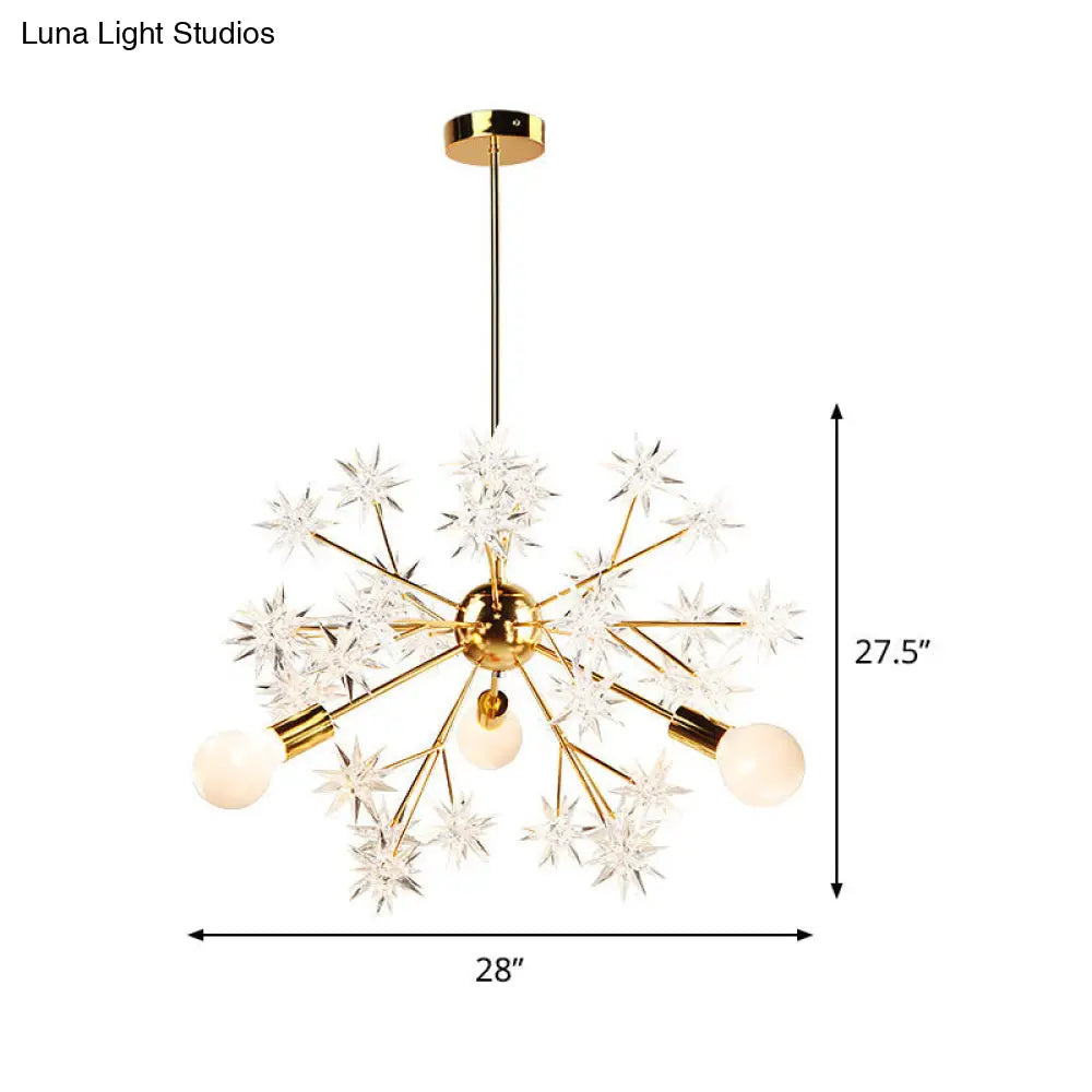 Gold Modern Exposed Bulb Bedroom 3-Head Ceiling Mount Chandelier With Star Decor