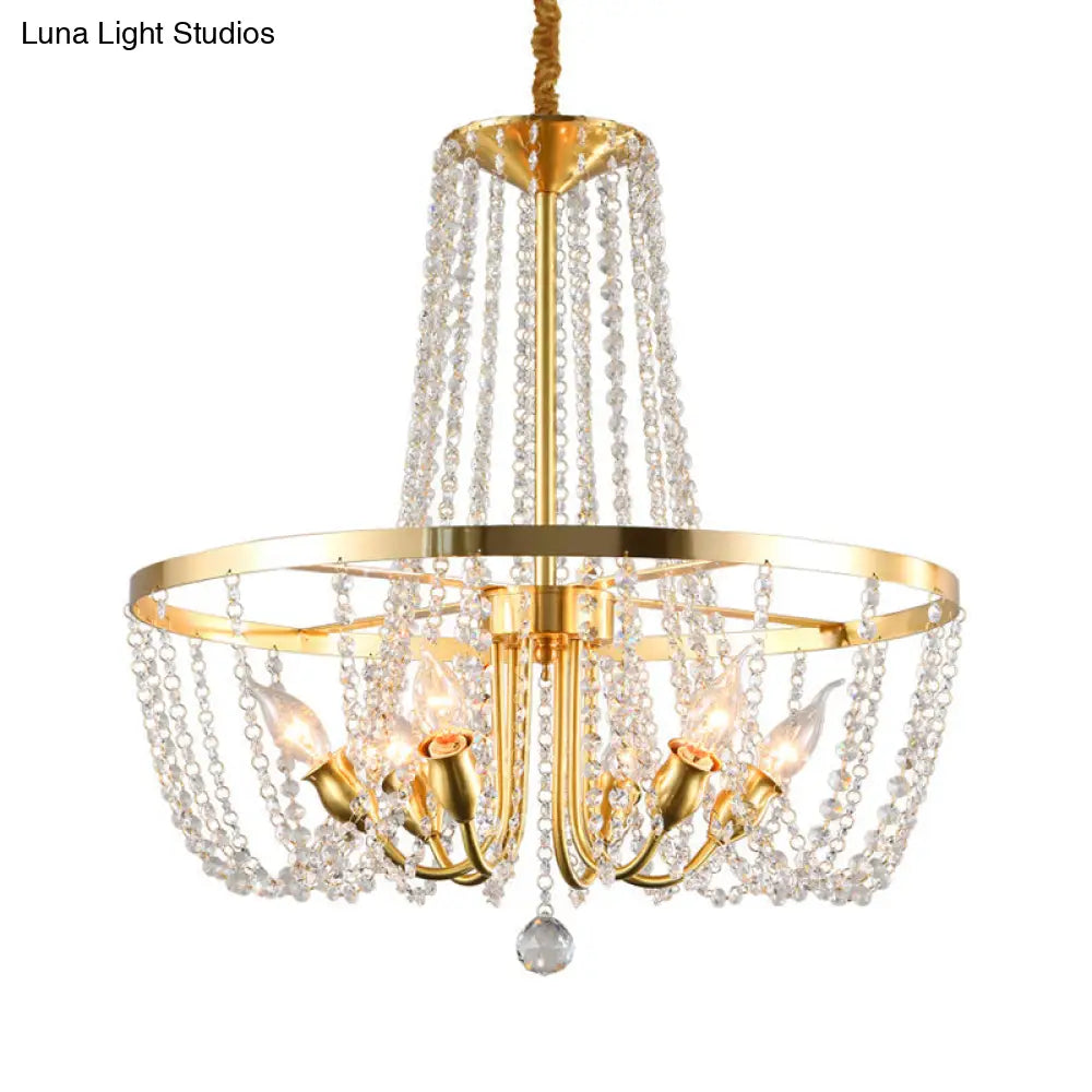 Gold Modern Ring Hanging Lamp With Crystal Stands - 6 Bulbs Pendant Chandelier