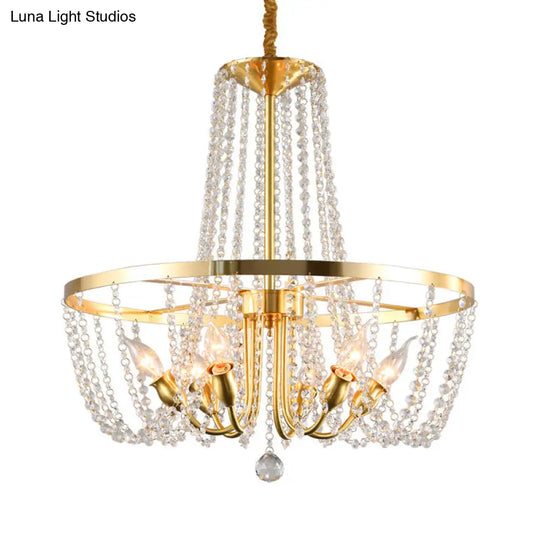 Gold Modern Ring Hanging Lamp With Crystal Stands - 6 Bulbs Pendant Chandelier