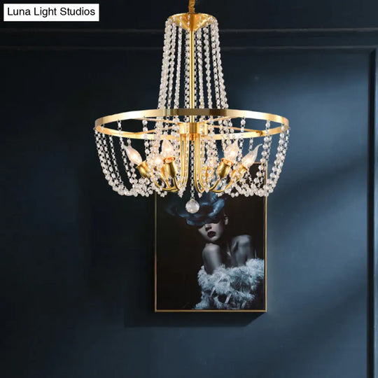 Modern Gold Ring Pendant Chandelier With Crystal Stands - 6 Bulb Hanging Lamp Clear