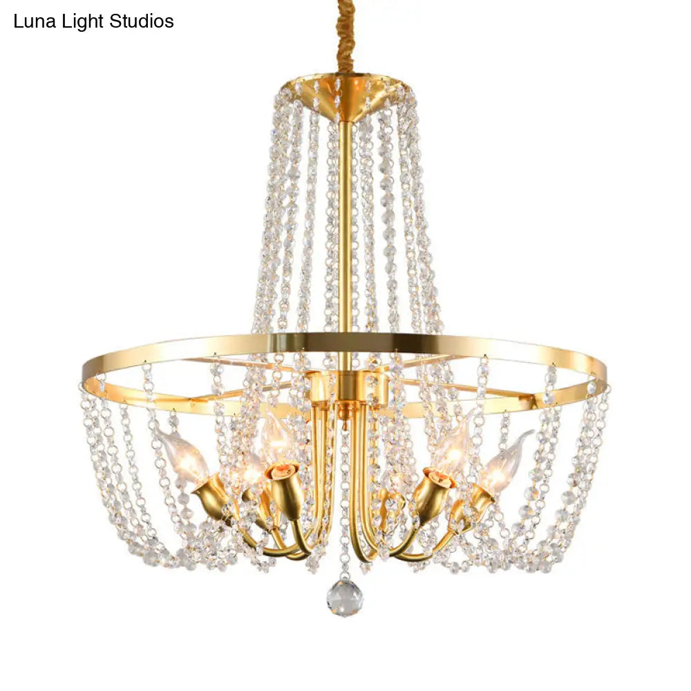 Modern Gold Ring Pendant Chandelier With Crystal Stands - 6 Bulb Hanging Lamp