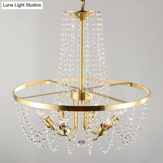 Gold Modern Ring Hanging Lamp With Crystal Stands - 6 Bulbs Pendant Chandelier