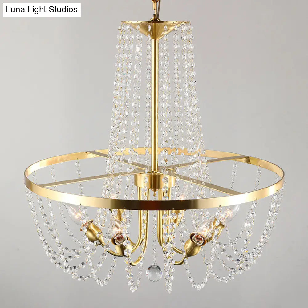 Modern Gold Ring Pendant Chandelier With Crystal Stands - 6 Bulb Hanging Lamp