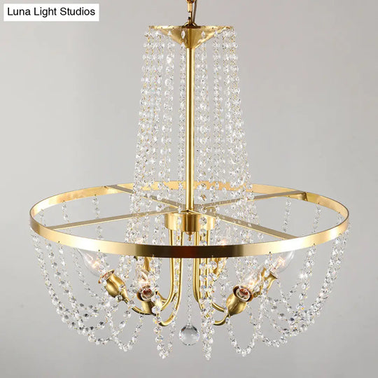 Modern Gold Ring Pendant Chandelier With Crystal Stands - 6 Bulb Hanging Lamp