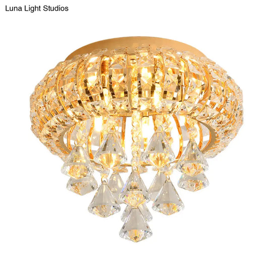 Gold Modern Round Ceiling Light With 5 Hand-Cut Crystal Heads - Flush Mount Lamp For Foyer