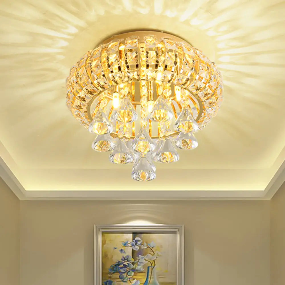 Gold Modern Round Ceiling Light With 5 Hand-Cut Crystal Heads - Flush Mount Lamp For Foyer