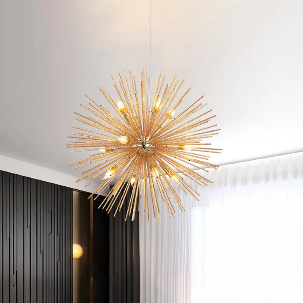 Gold Modern Sea Urchin Hanging Lamp - 12-Light Aluminum Chandelier For Restaurants