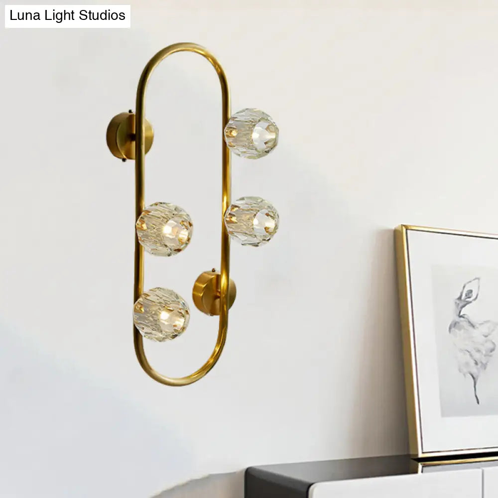 Gold Modern Wall Mount Light With Clear Crystal Shade And Oval Frame - 4 Bulb Lighting Idea