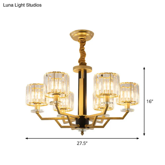 Gold Modernist Chandelier With Hand-Cut Crystal Cylindrical Pendant Lights - 3/6 For Bedrooms