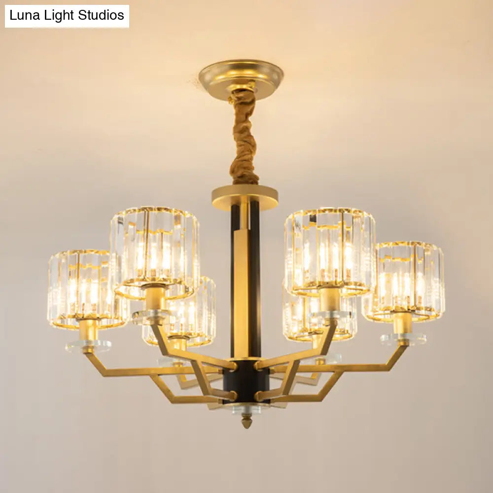 Gold Modernist Chandelier With Hand-Cut Crystal Cylindrical Pendant Lights - 3/6 For Bedrooms