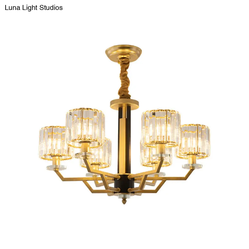 Gold Modernist Chandelier With Hand-Cut Crystal Cylindrical Pendant Lights - 3/6 For Bedrooms