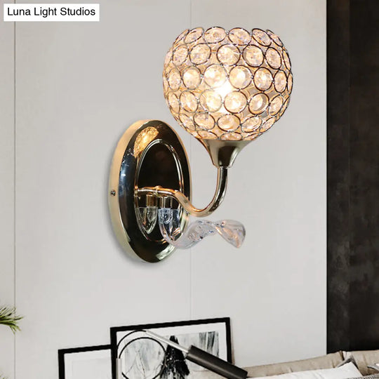 Gold Modernist Circle Wall Sconce - Crystal-Encrusted Single-Head Mount Light Fixture