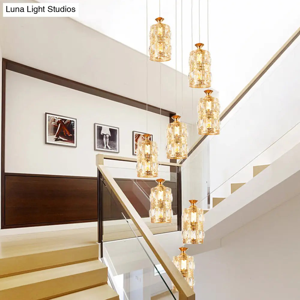 Modern Gold Crystal Pendant Light With 8 Bulb Cluster - Cylindrical Hanging Ceiling Lamp