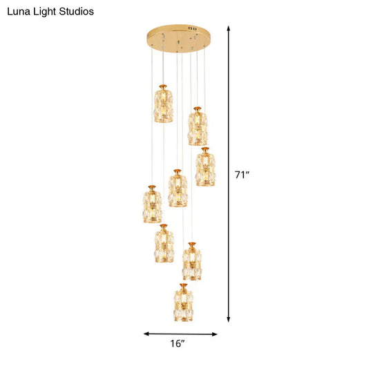 Modern Gold Crystal Pendant Light With 8 Bulb Cluster - Cylindrical Hanging Ceiling Lamp