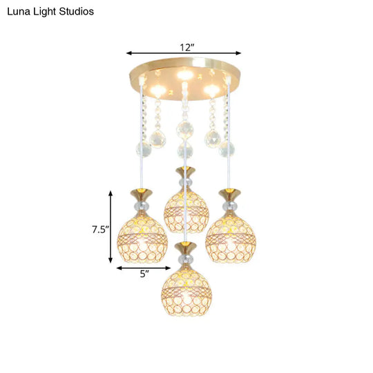 Gold Crystal Encrusted Multi-Pendant Ceiling Light For Dining Room With 3 Bulbs