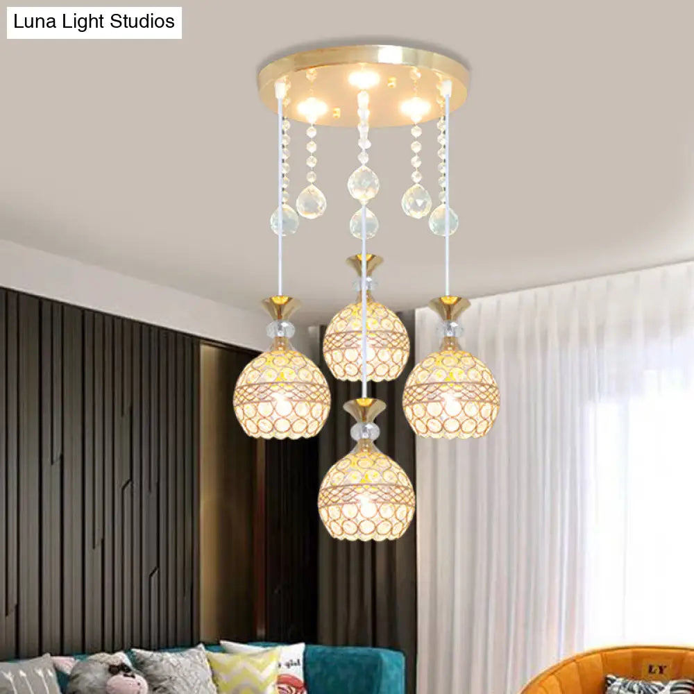 Gold Crystal Encrusted Multi-Pendant Ceiling Light For Dining Room With 3 Bulbs