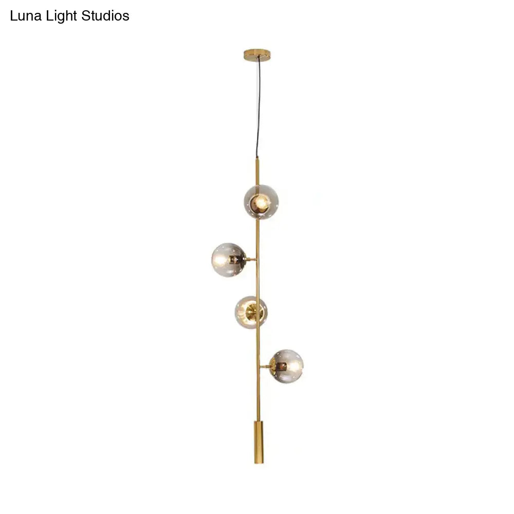 Gold Modernist Glass Globe Chandelier With 4 Bulbs And Pencil Arm - Perfect For Living Room Ceiling