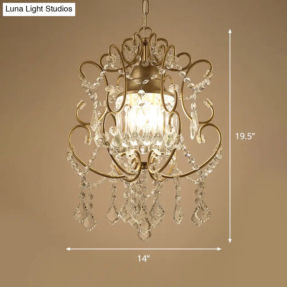 Gold Modernist Scroll Pendant Chandelier With Crystal Swag - 3 Heads Hanging Ceiling Light