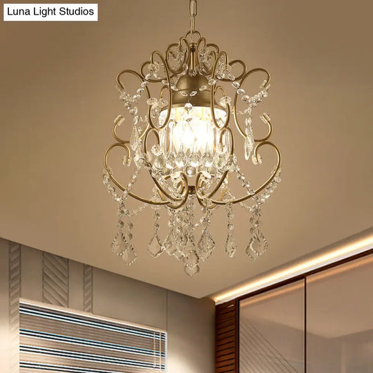 Gold Crystal Swag Pendant Chandelier - Modernist Scroll Design 3 Heads Ceiling Light