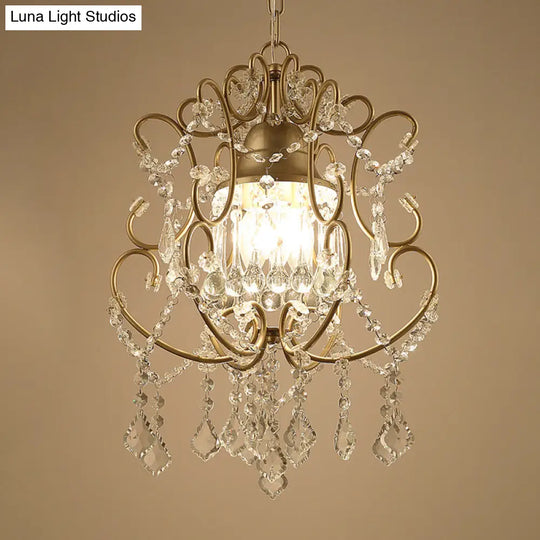 Gold Crystal Swag Pendant Chandelier - Modernist Scroll Design 3 Heads Ceiling Light