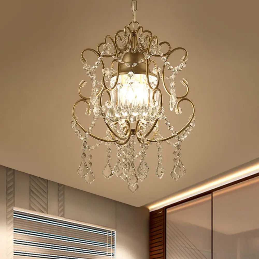 Gold Modernist Scroll Pendant Chandelier With Crystal Swag - 3 Heads Hanging Ceiling Light