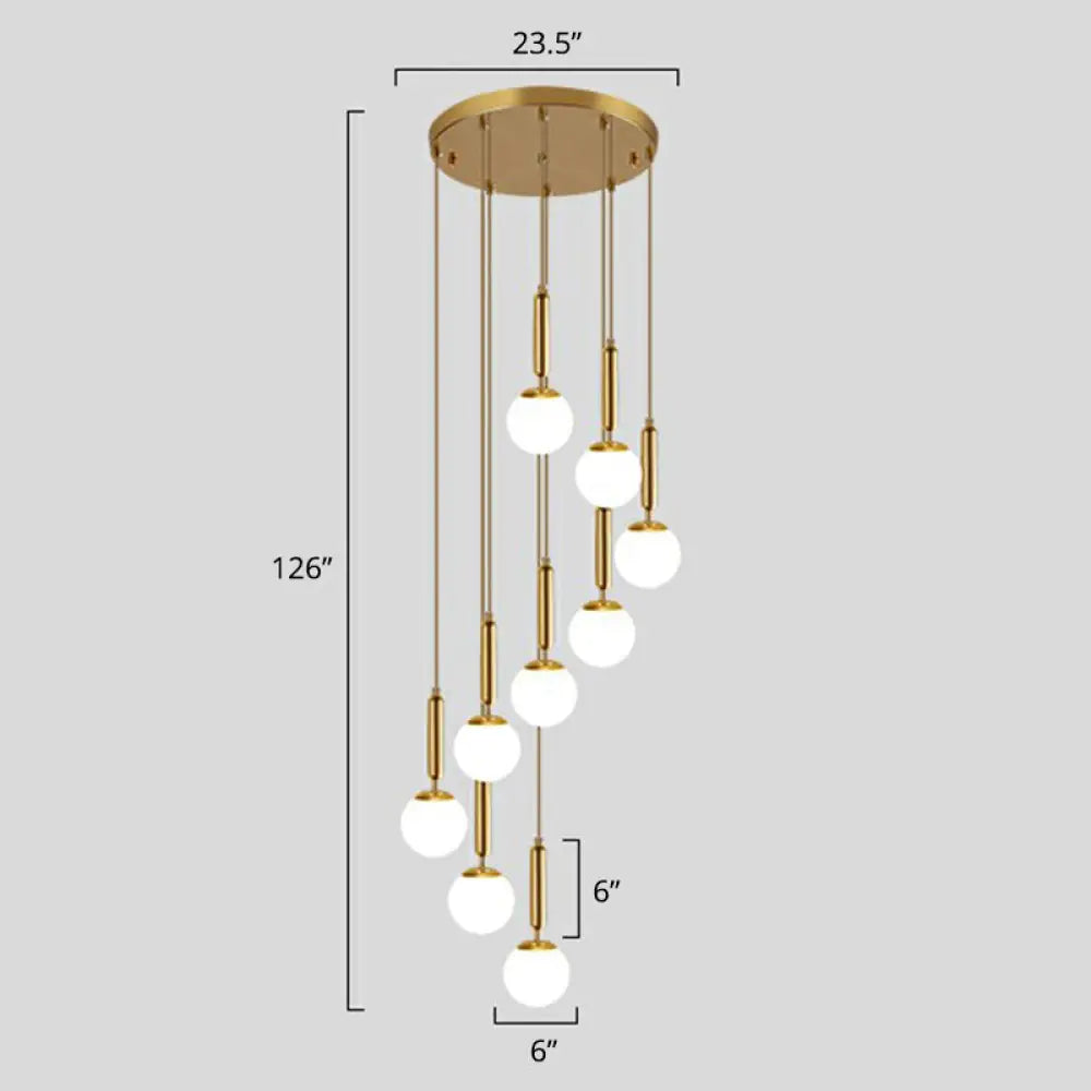 Gold Multi Hanging Stairway Light With Minimalist White Glass Ball Pendant 12 / Globe