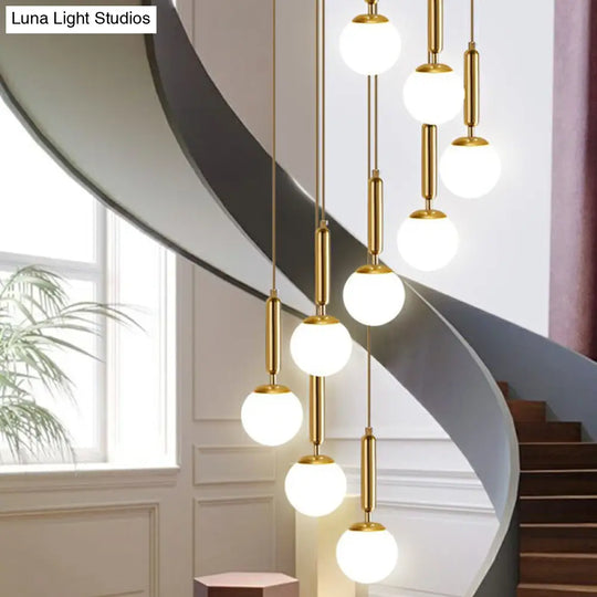 Gold Minimalist Stairway Pendant Light With White Glass Ball Multi Hanging 9 / Globe
