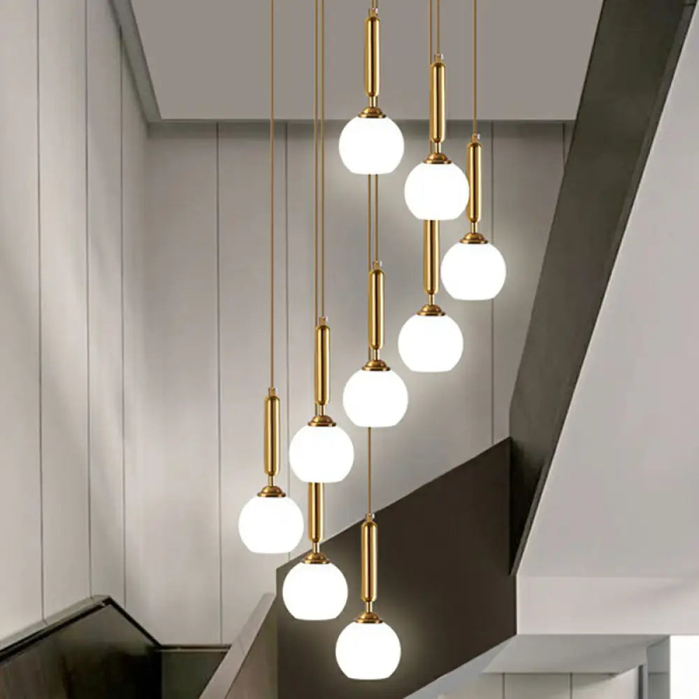 Gold Multi Hanging Stairway Light With Minimalist White Glass Ball Pendant 9 / Cylinder