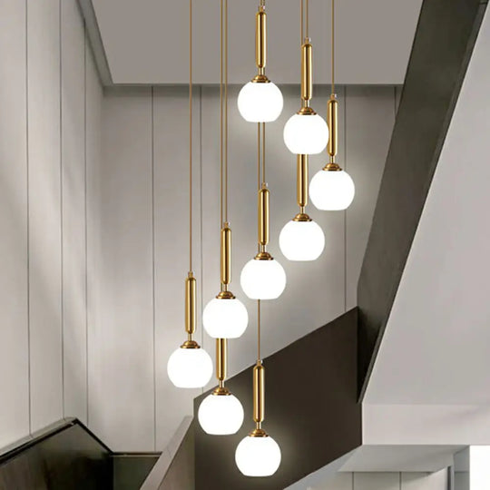 Gold Multi Hanging Stairway Light With Minimalist White Glass Ball Pendant 9 / Cylinder