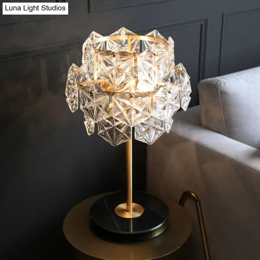 Gold Nightstand Lamp With Clear Crystal Glass Snowflakes Post-Modern Table Light (2 Bulbs)