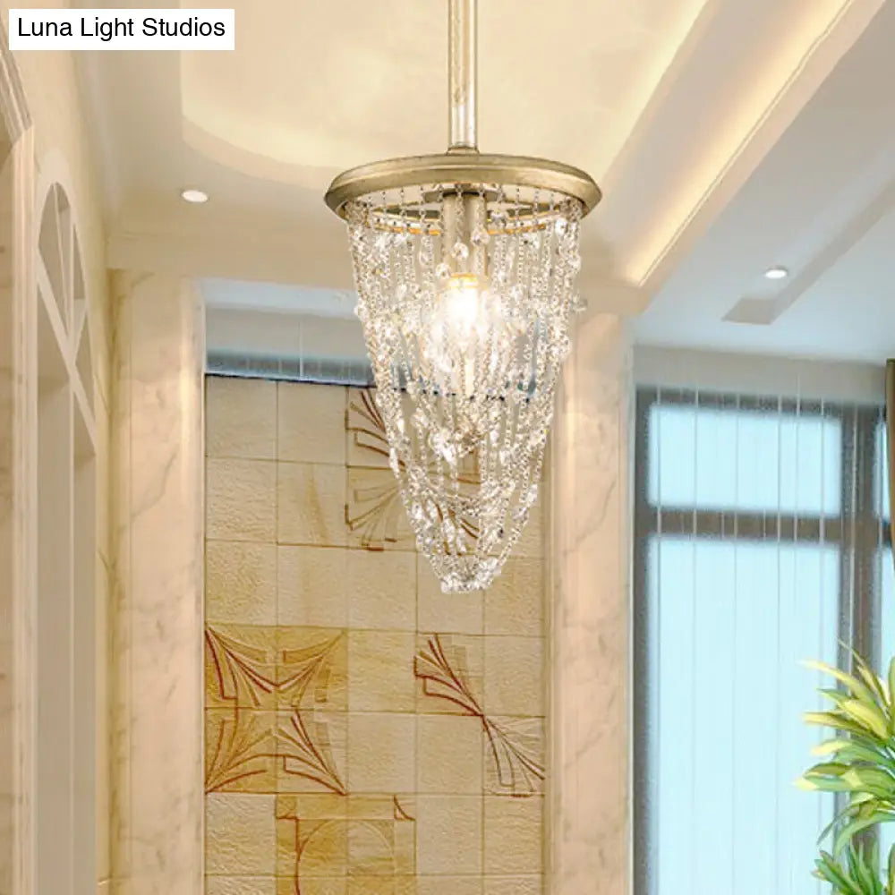 Gold Chandelier Light - Nordic Circular Metal Ceiling Fixture With Iron Mesh And Crystal Accent