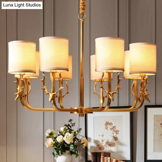 Gold Nordic Cylindrical Chandelier With Antler Deco - Fabric Suspension Light For Living Room