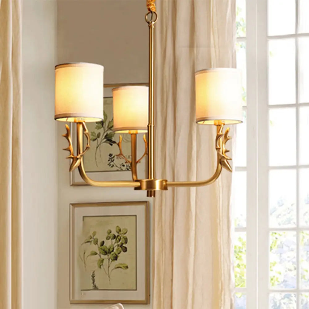 Gold Nordic Cylindrical Chandelier With Antler Deco - Fabric Suspension Light For Living Room 3 /