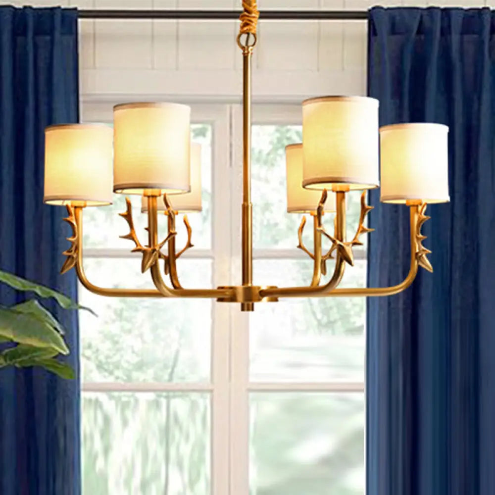 Gold Nordic Cylindrical Chandelier With Antler Deco - Fabric Suspension Light For Living Room 6 /