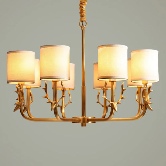 Gold Nordic Cylindrical Chandelier With Antler Deco - Fabric Suspension Light For Living Room 8 /