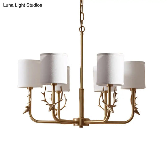 Gold Nordic Cylindrical Chandelier With Antler Deco - Fabric Suspension Light For Living Room