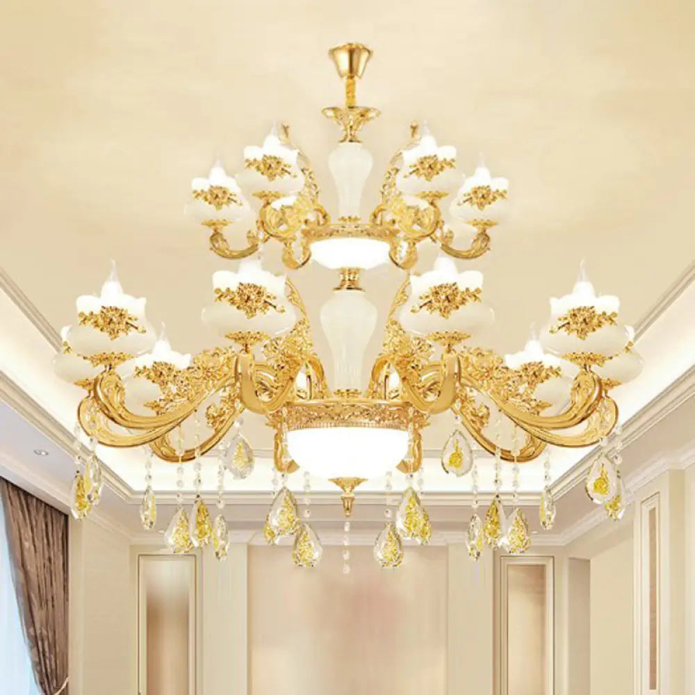 Gold Opaque Glass Bud Ceiling Light With Crystal Draping - Traditional Living Room Chandelier 18 /