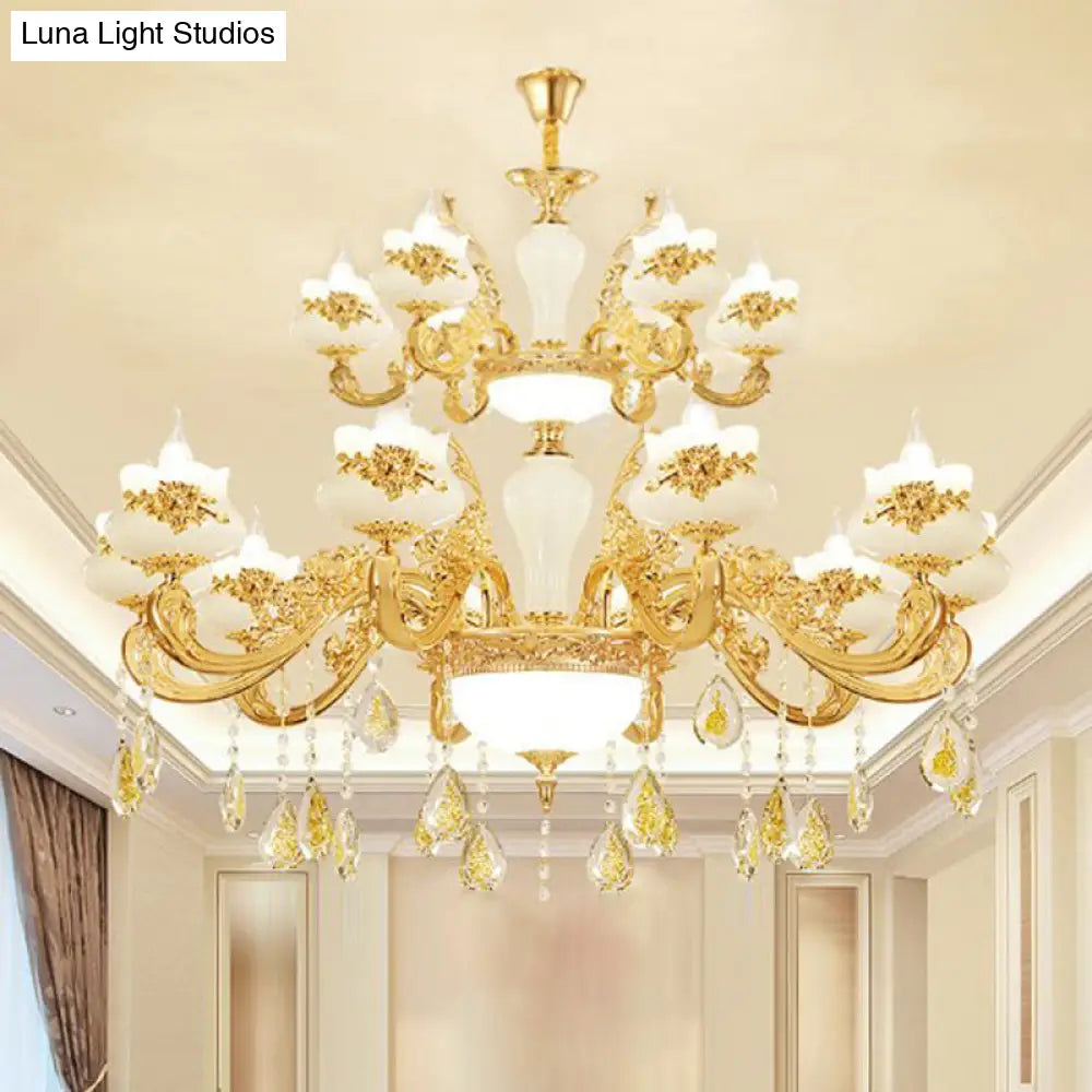 Gold Opaque Glass Bud Ceiling Light With Crystal Draping - Traditional Living Room Chandelier