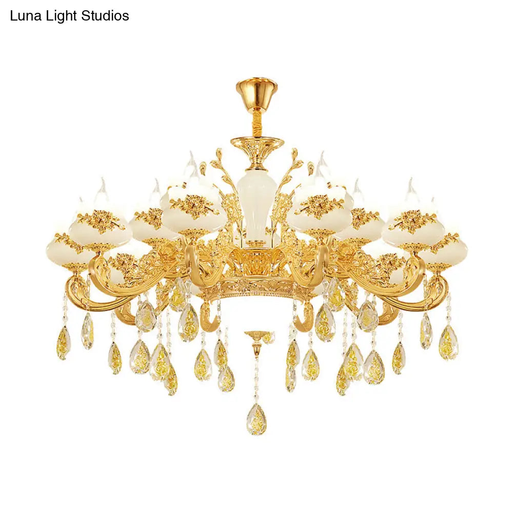 Gold Opaque Glass Bud Ceiling Light With Crystal Draping - Traditional Living Room Chandelier