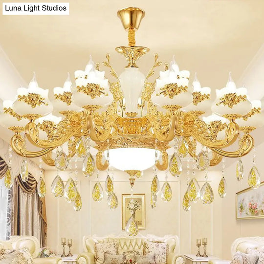 Gold Opaque Glass Bud Ceiling Light With Crystal Draping - Traditional Living Room Chandelier