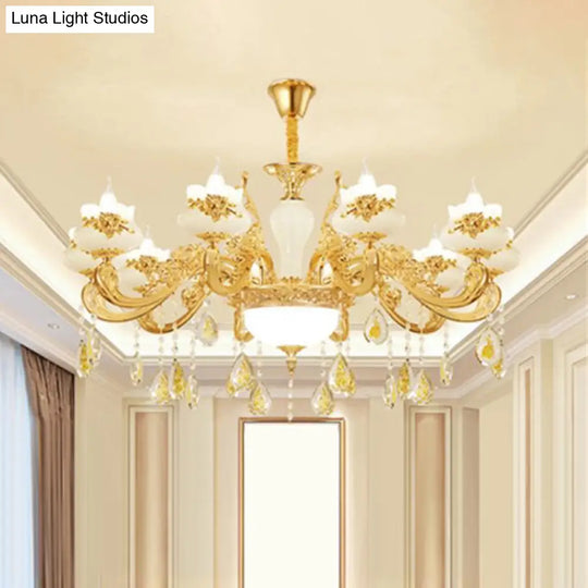 Gold Opaque Glass Bud Ceiling Light With Crystal Draping - Traditional Living Room Chandelier