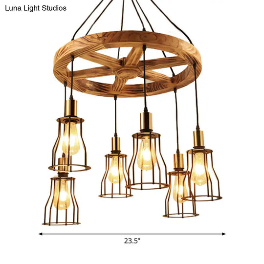 Gold Metal Cage Chandelier With Wood Shelf - 3/6-Light Pendant For Dining Room