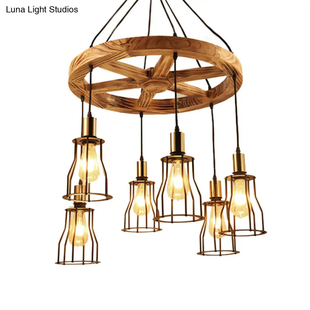 Gold Metal Cage Chandelier With Wood Shelf - 3/6-Light Pendant For Dining Room