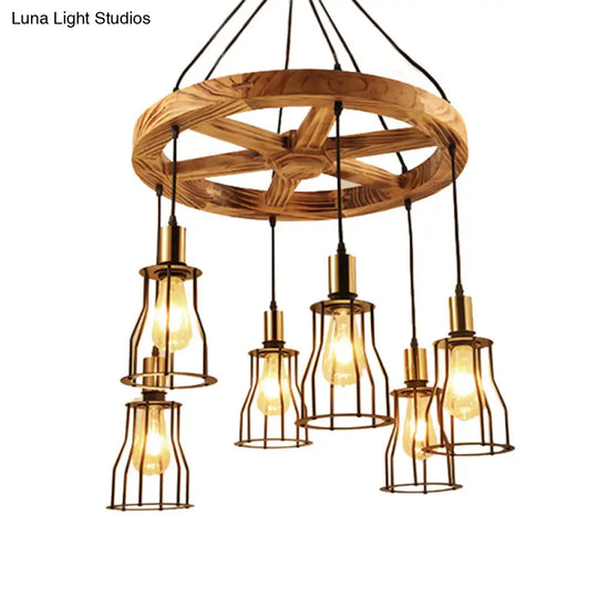 Gold Metal Cage Chandelier With Wood Shelf - 3/6-Light Pendant For Dining Room