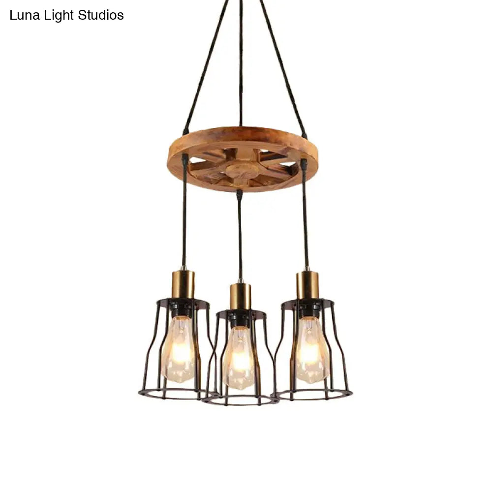 Gold Metal Cage Chandelier With Wood Shelf - 3/6-Light Pendant For Dining Room