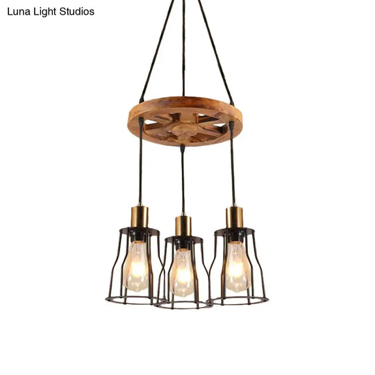 Gold Open Cage Chandelier With Wood Shelf - 3/6-Light Metal Pendant For Dining Room