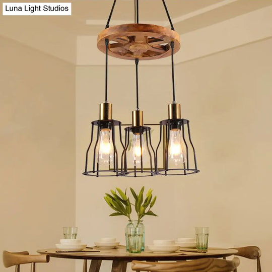 Gold Metal Cage Chandelier With Wood Shelf - 3/6-Light Pendant For Dining Room 3 /
