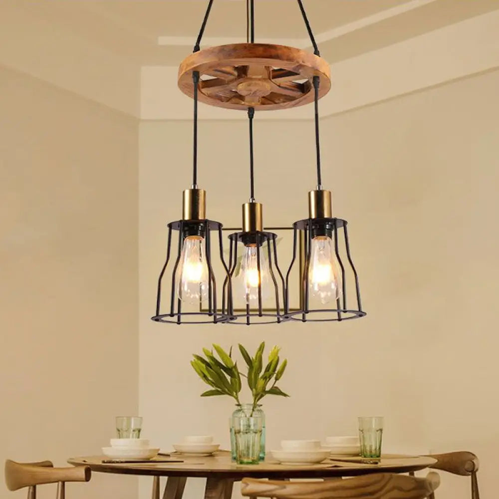 Gold Open Cage Chandelier With Wood Shelf - 3/6-Light Metal Pendant For Dining Room 3 /