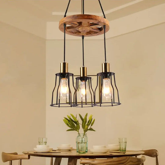 Gold Open Cage Chandelier With Wood Shelf - 3/6-Light Metal Pendant For Dining Room 3 /